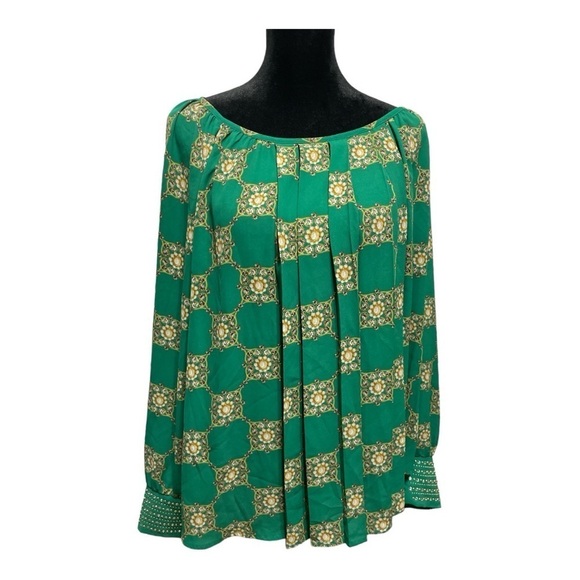 Alfani Green Baroque Print Studded Cuff Blouse Size 12 - Picture 2 of 14